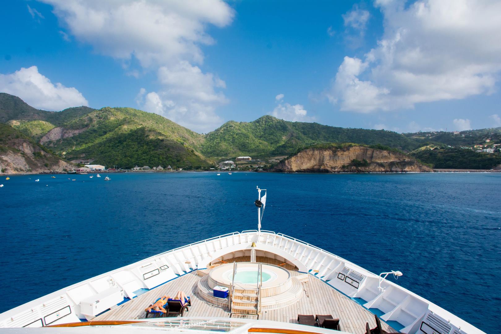 View of Star Legend bow and jacuzzi near Montserrat - Photo Credit: Alaine